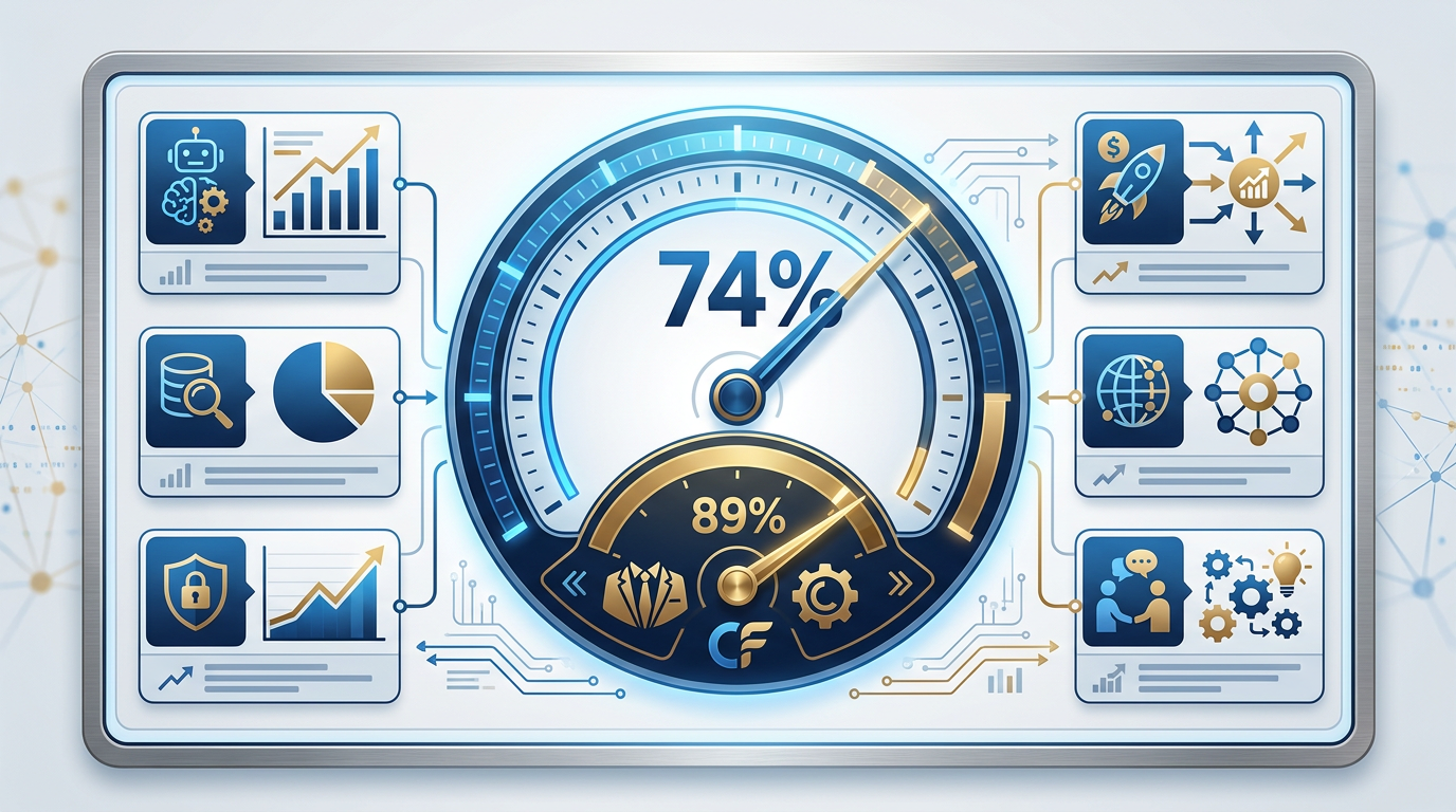 AI importance infographic — 74% overall, 89% among CEOs/founders