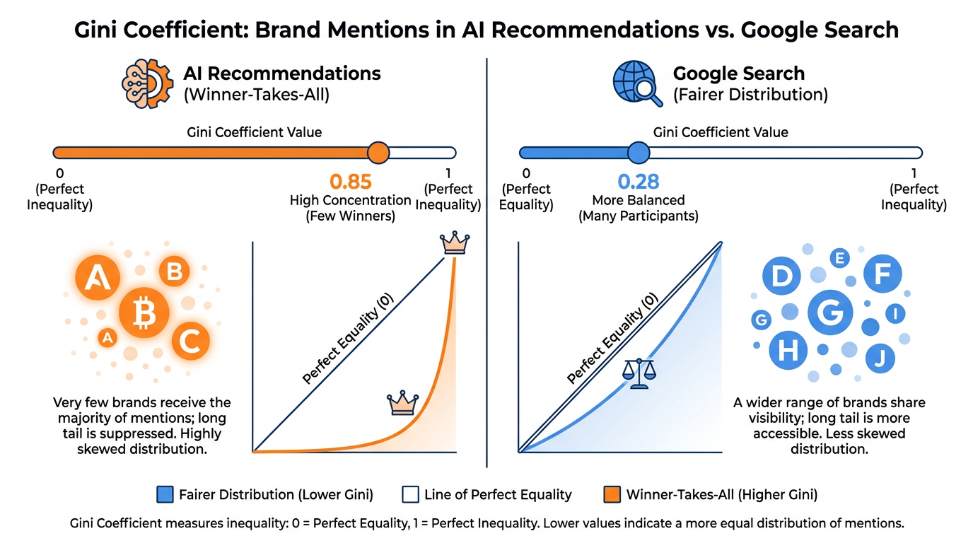 Gini coefficient visualization — distribution of brand mentions in AI recommendations
