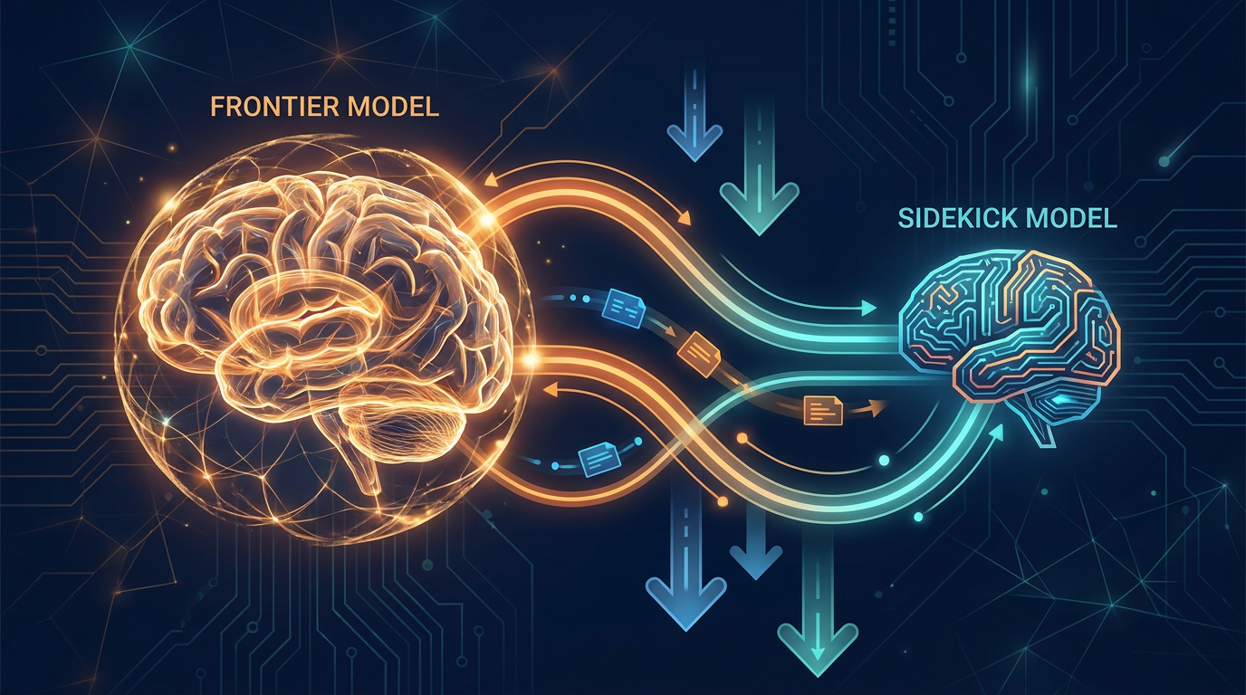 Two-agent architecture: frontier model delegates to sidekick model